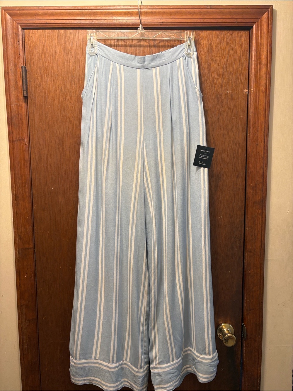 Lulu's Blue and White Striped Wide-Leg Pants, lined